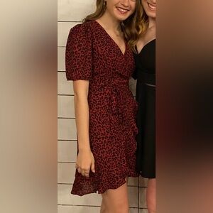 Red and Black Leopard Print Wrap Dress